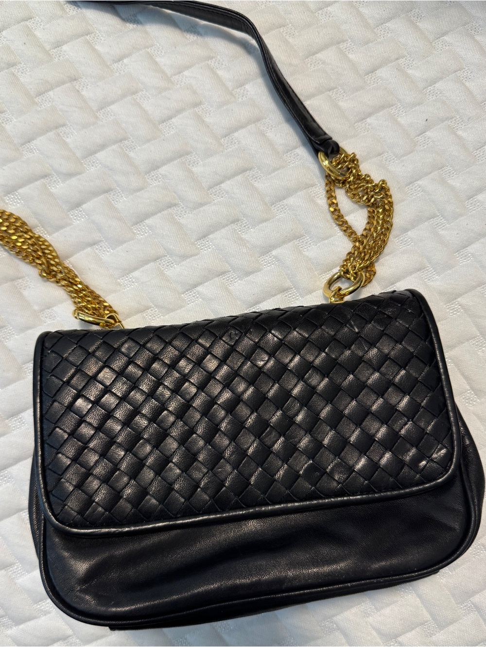 Preswick & Moore Black Woven Leather Shoulder Bag with Gold Chain Strap